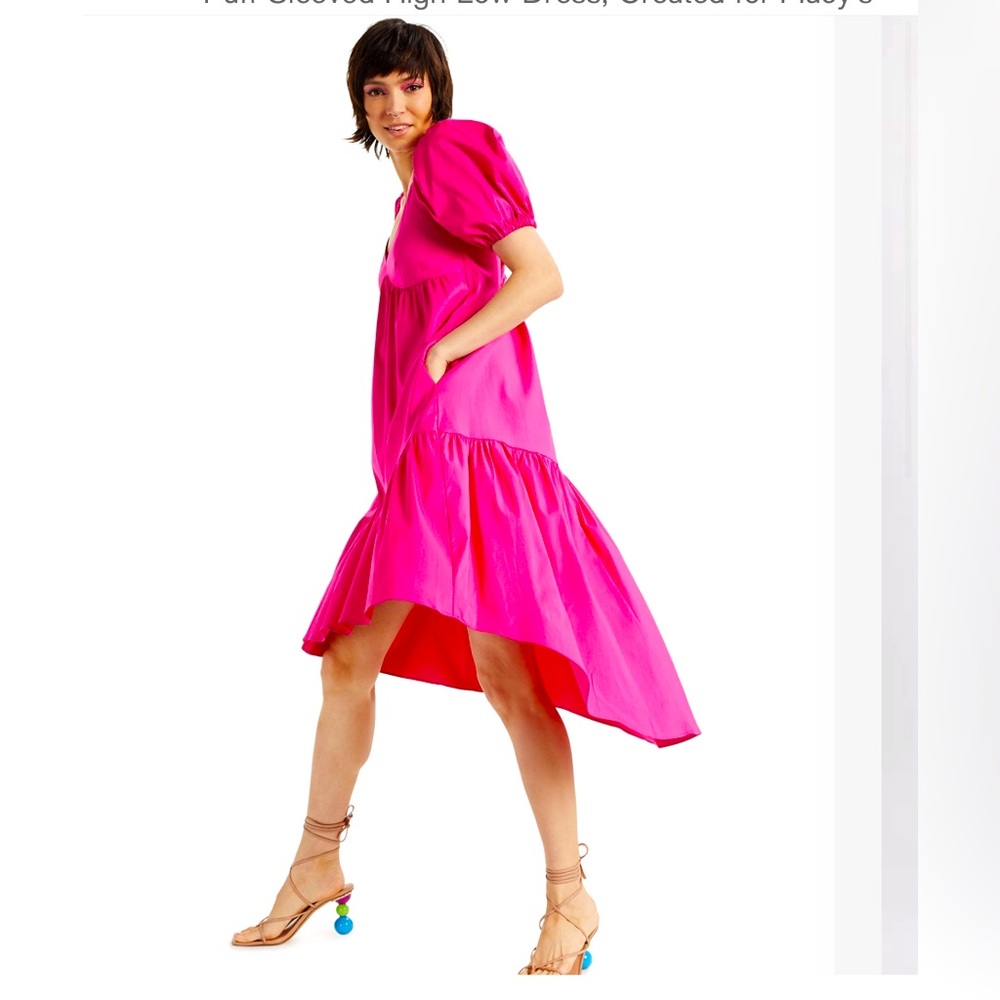 INC International Concepts Puff-Sleeved High-Low Dress, Bright Pink Size M, New